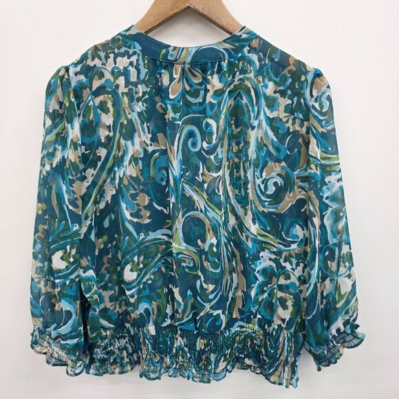 Womens PL Blue Green Sheer Blouse Ruffle Hem Smocked Boho Lightweight Top - Picture 4 of 15